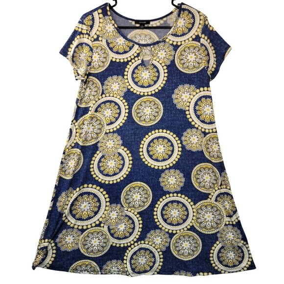Espresso Blue Yellow Circular Pattern Keyhole Dress Denim Look Fabric Size Large - Picture 1 of 6